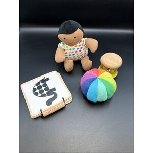 Lovevery Lot Babydoll Plush Black Hair Tan‎ Skin, Rainbow Ball, Rattle, Book